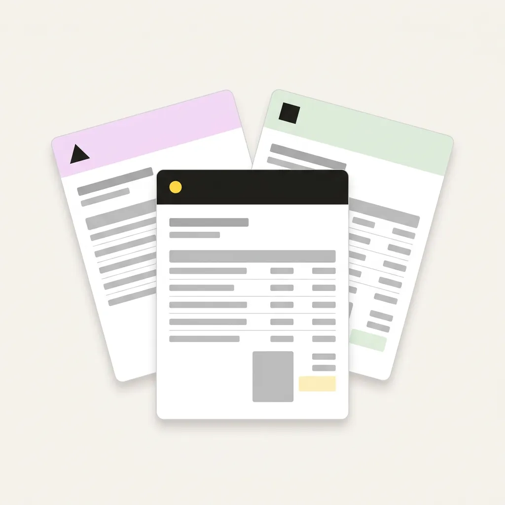 Three mini invoice cards fanned in different brand colors — ink/yellow, lavender, mint