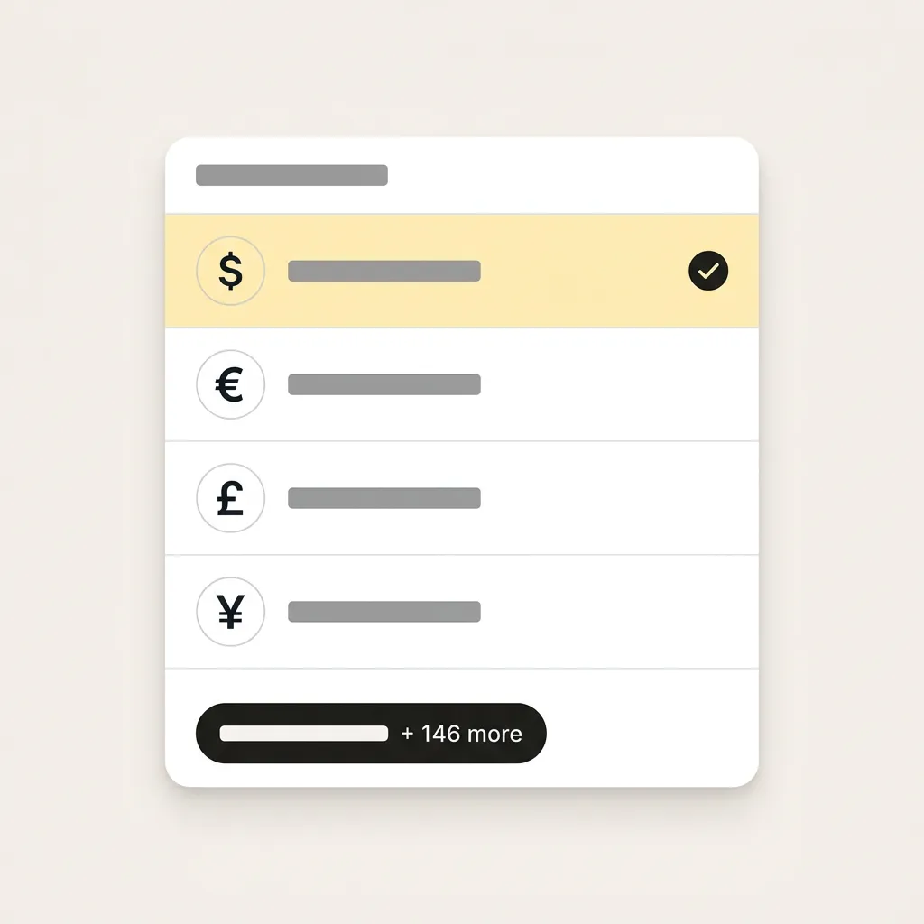 A currency selector panel showing USD selected with other options available