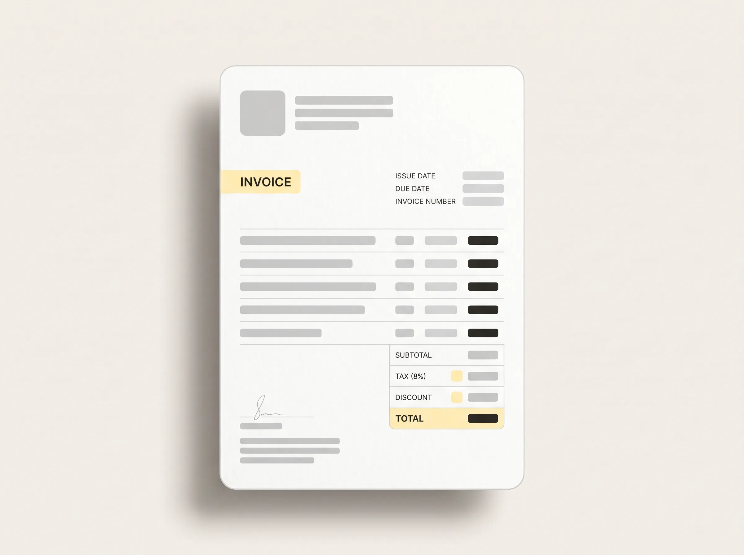 A polished PDF invoice document showing header, line items, and totals
