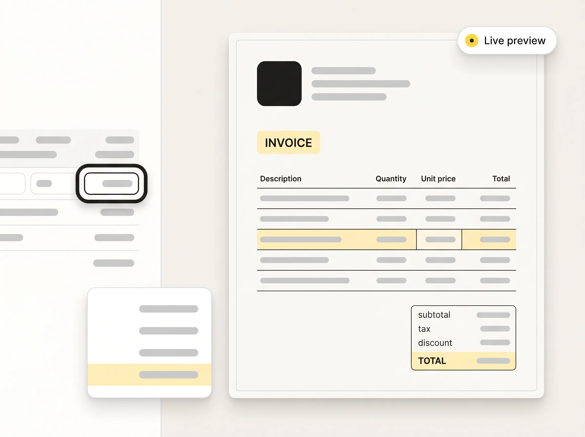 Studio interface showing an invoice form on the left with the live PDF preview on the right