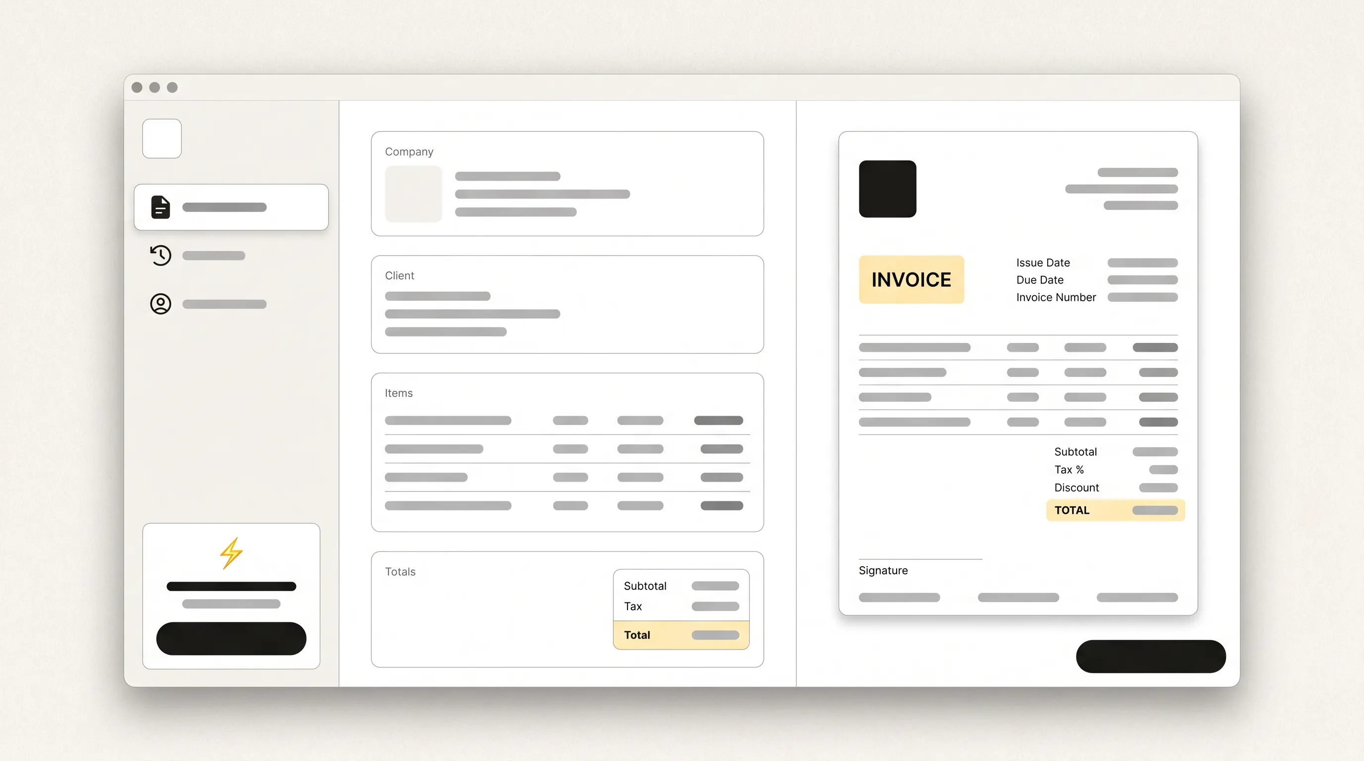 Studio dashboard showing an invoice in the editor with the live PDF preview rendered alongside